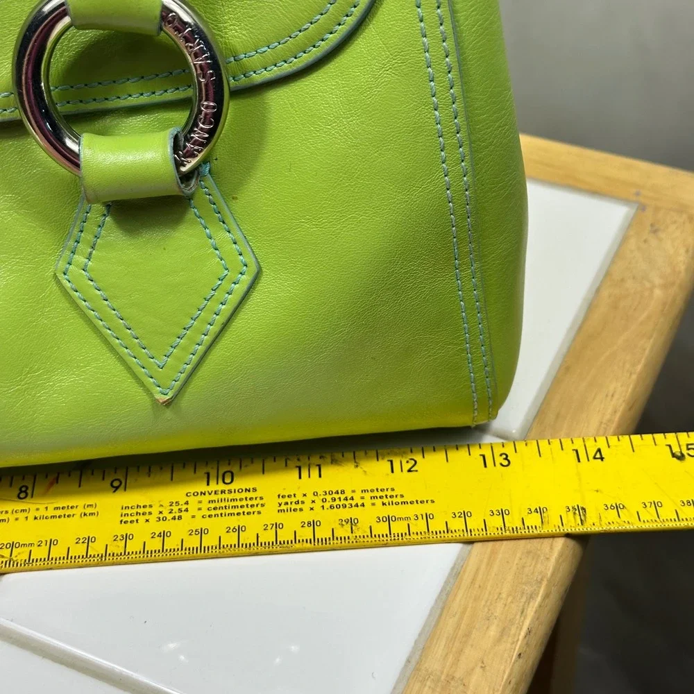 Franco Sarto Satchel Bag Womens Medium Lime Green Leather Blue Trim Excellent